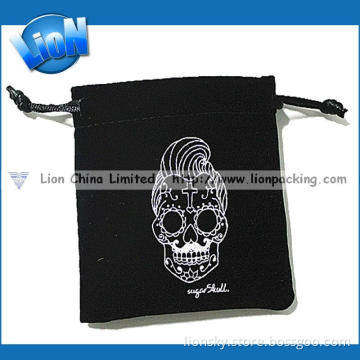 Black Drawstring Velvet Jewellery Pouch with White Screen Printing Logo (E-003)